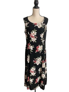 Vintage 90s Cimmaron Dress Floral Maxi Black Rayon Cottagecore Flowy Y2K